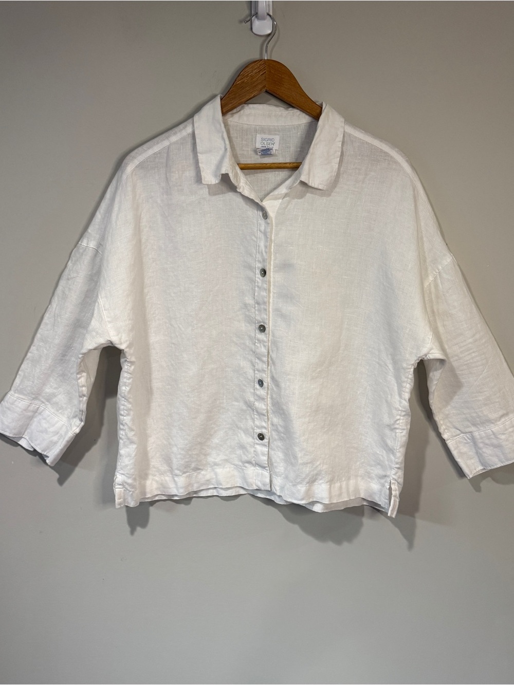 Sigrid Olsen 100% Linen White Oversized Button Front Top 3/4 Sleeve Coastal L